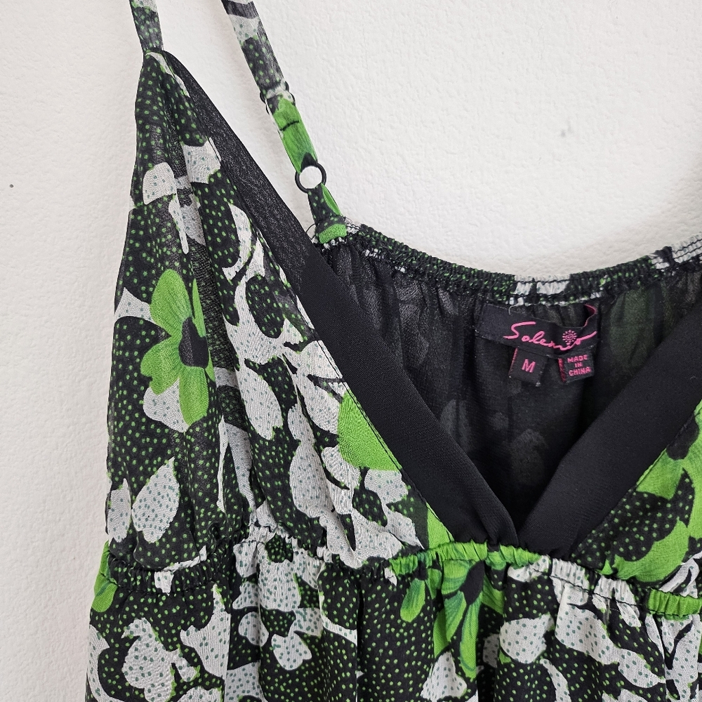 Solemio Green Floral Polka Dot Tiered Ruffle Cami Top Dress M - Picture 4 of 6